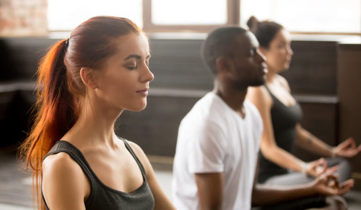 Group of young sporty afro american and caucasian people practicing yoga lesson, sitting in Sukhasana exercise, Easy Seat pose, working out, students training in sport club, studio close up