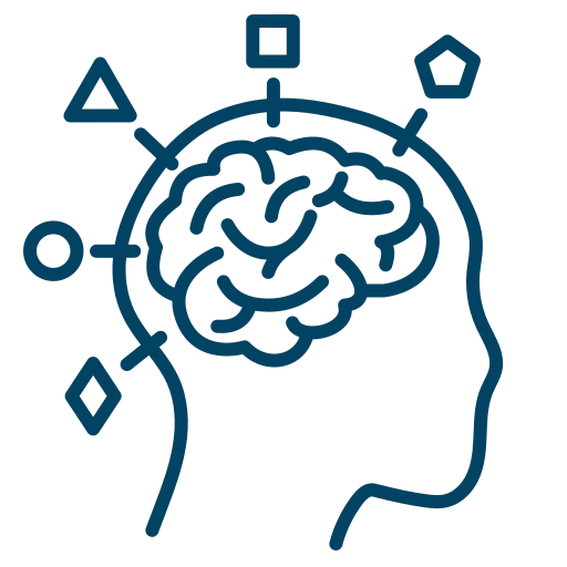 Pensiero critico: testa stilizzata con all'interno cervello da cui partono più frecce ognuna destinata a simboli diversi come, triangolo, quadrato, pentagono, cerchio e rombo